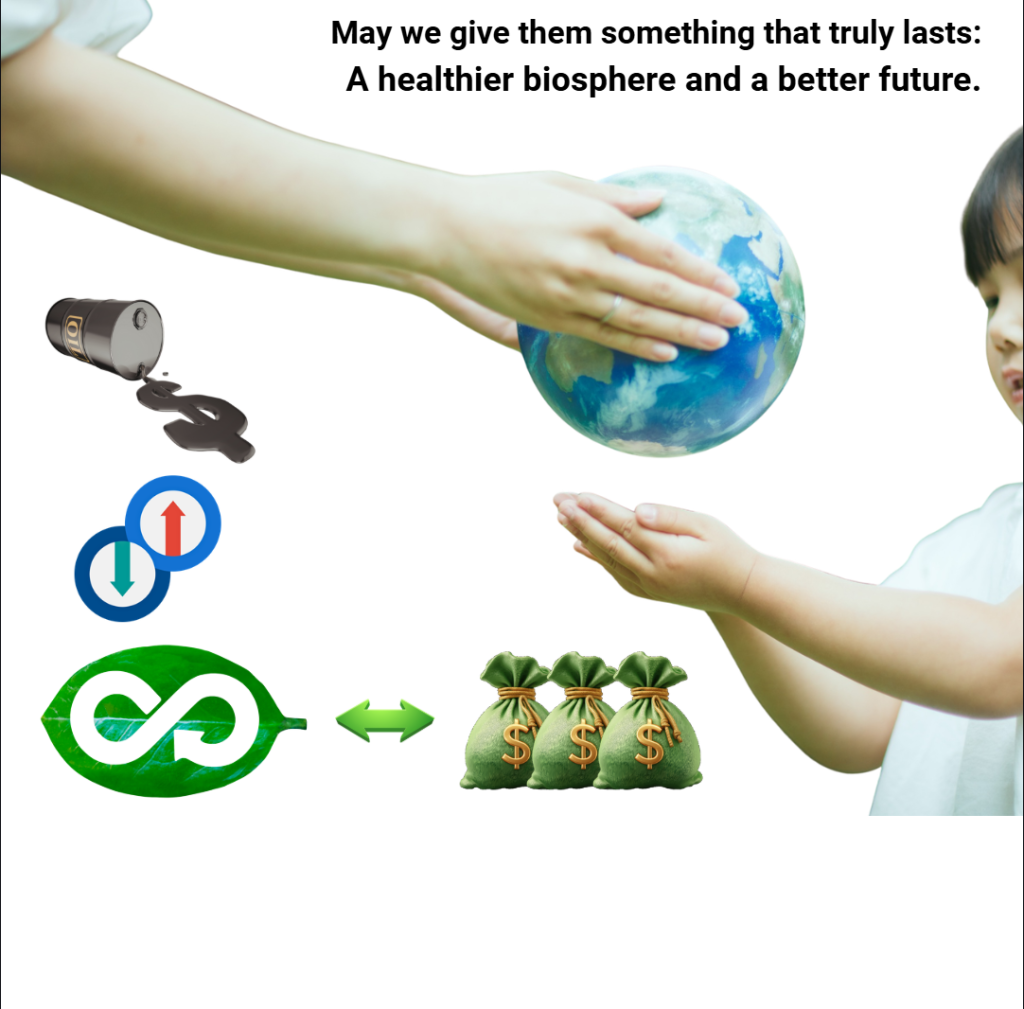 A mothers Hands on the left hand the sphere of earth towards a small child