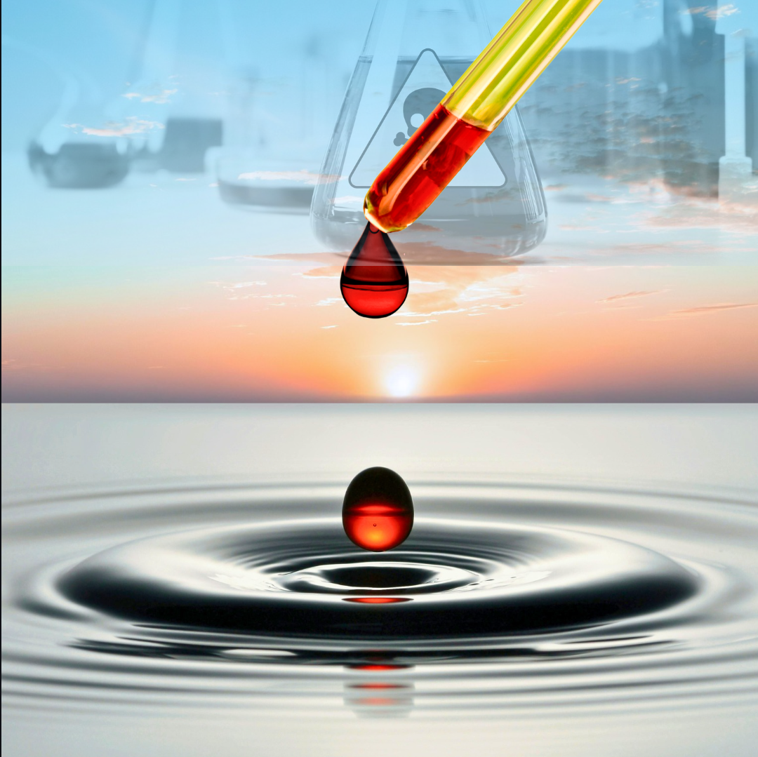 Values Photo style image depicting a pure and clear water surface stretching back into the distance and with a full red bloom sunset meeting the horizon line. Above the sunset are faded images of glass flasks of toxic chemical. In the foreground is a pipette suspended above the still water slowly dripping contaminated red droplets of toil and poison into the water causing ripples that radiate outwards spreading across the calm surface.