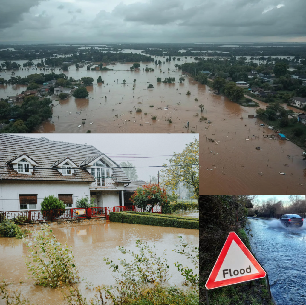 Collage of pictures showing widescale flooding across acres of land and also peoples property