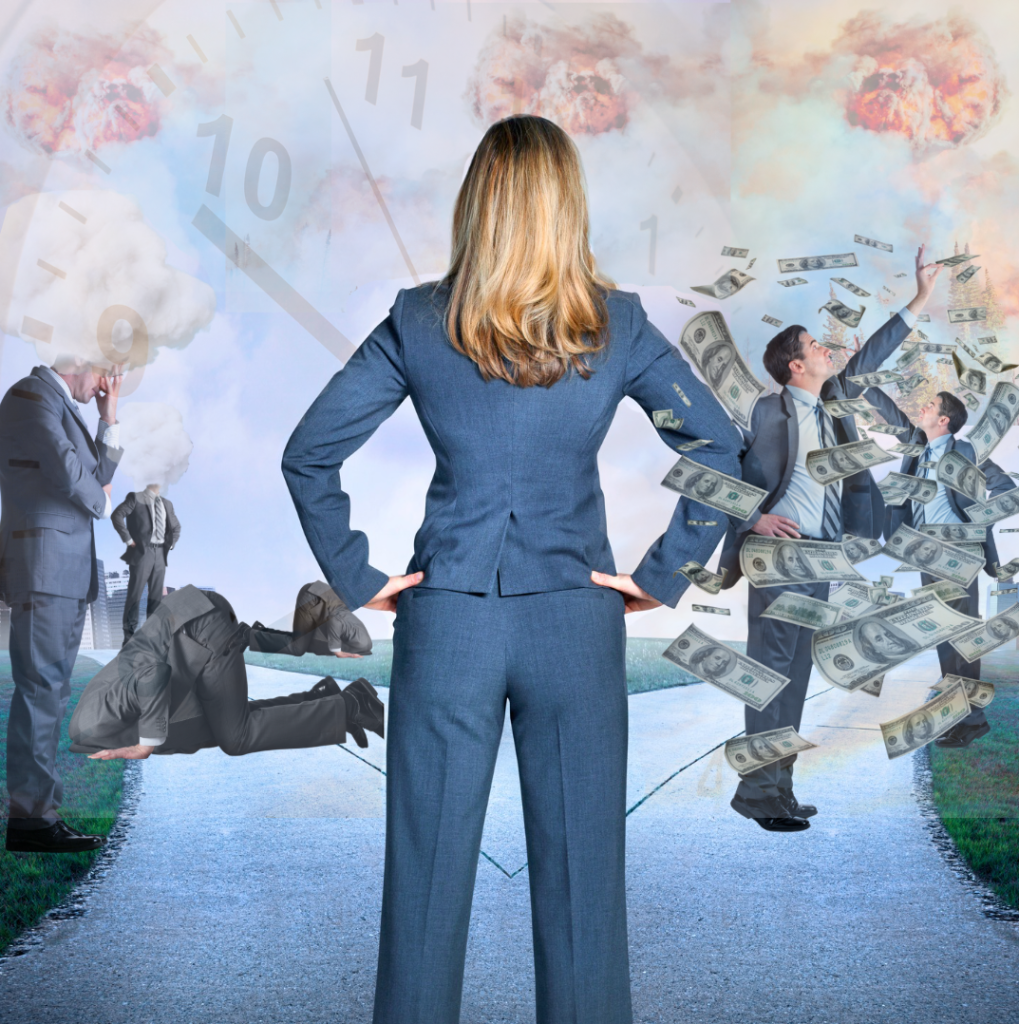 A suited woman stands with her back to the camera at a junction with hands on hips suggesting
authority, accountability, or stewardship
A moment of assessment before committing to a path
the burden of choosing direction not just for herself but symbolically for a wider group

