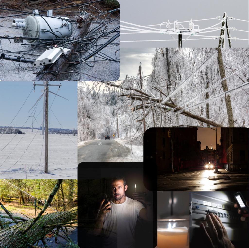 Collage of pictures illustrating different events that can result in damage to electricity supply power lines and step down transformers At the bottom are dark images of black out situations.