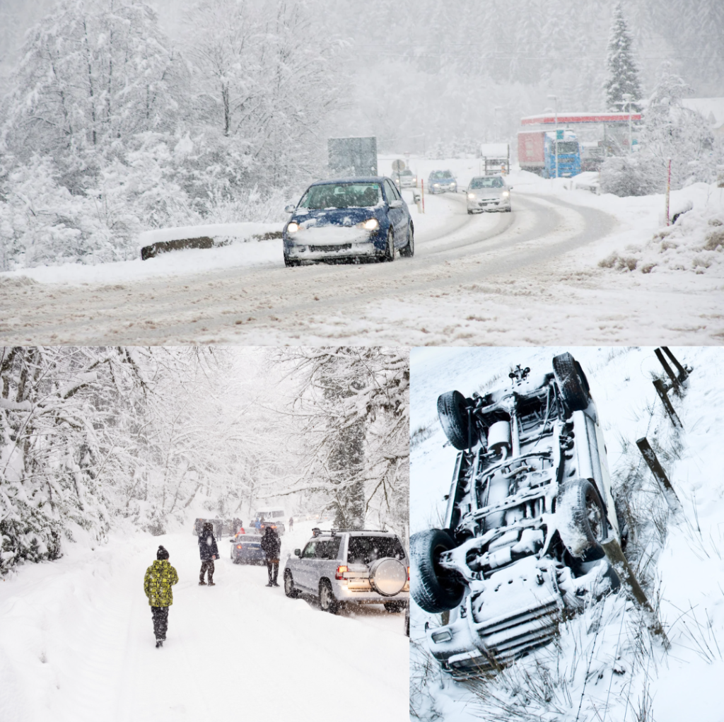 Collage of images of vehicles stranded in snow and also and overturned vehicle that has skidded off of the road.