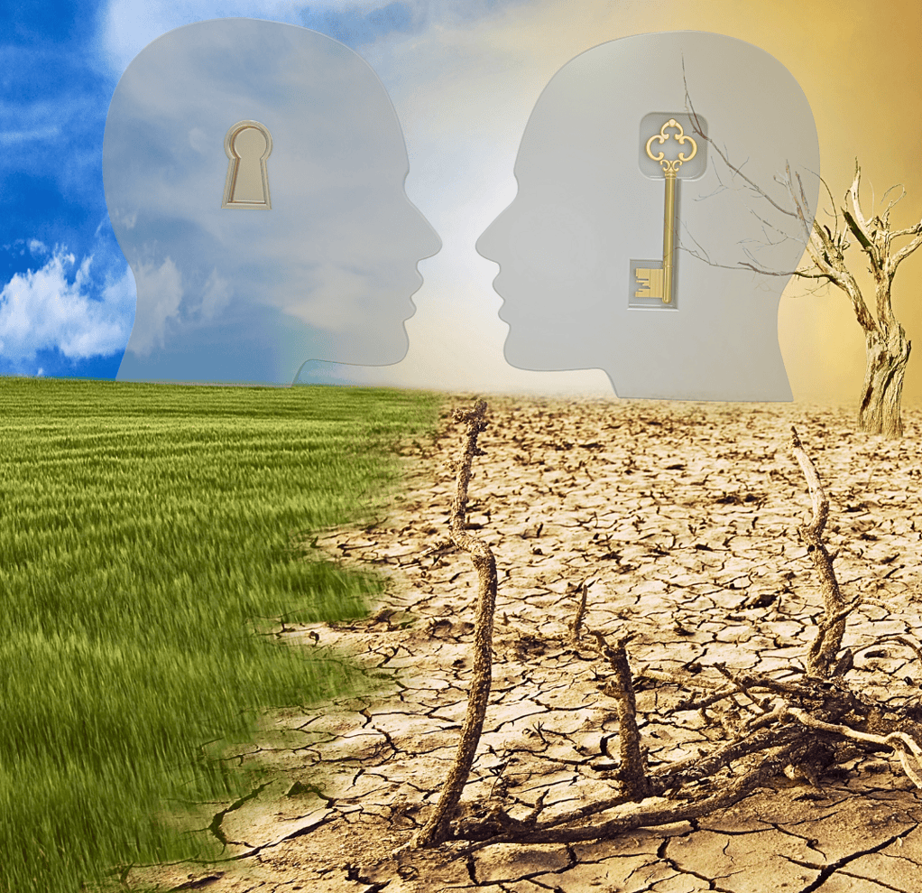Human Generated Image HGI where the landscape is split into two radically different ecological states.

On the left: green grass, blue sky, vitality, continuity of life systems.
On the right: cracked earth, dead tree, aridity, ecological collapse.

This strongly suggests a fork in the path of civilisation &mdash; the idea that present choices determine whether stability or degradation becomes dominant. The two translucent human profiles facing each other imply that the real battleground is cognitive rather than purely physical.

One head contains a keyhole &rarr; symbol of searching, uncertainty, lack of understanding, or the need to unlock insight.
The other contains a key &rarr; symbol of knowledge, agency, or the possession of solutions.

Together this implies that environmental outcomes are not inevitable they hinge on whether humanity develops the insight required to act.